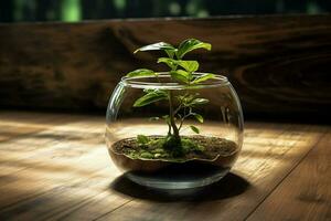 pequeño planta en un vaso florero en un de madera mesa en el habitación. ai generado Pro foto