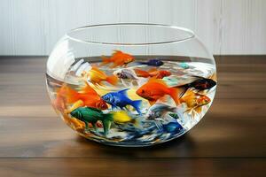 Goldfish in a round glass aquarium on a wooden table in the room. ai generated pro photo