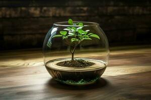 pequeño planta en un vaso florero en un de madera mesa en el habitación. ai generado Pro foto