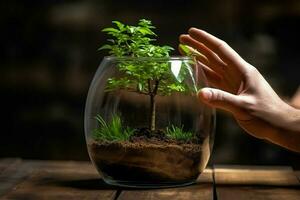 Small plant in a glass vase on a wooden table in the room. ai generated pro photo