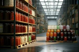 Large warehouse with containers full of canned food. 3d rendering toned image. ai generated pro photo