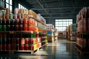 Large warehouse with containers full of canned food. 3d rendering toned image. ai generated pro photo