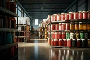 Large warehouse with containers full of canned food. 3d rendering toned image. ai generated pro photo