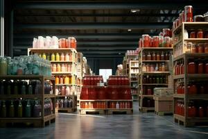 Large warehouse with containers full of canned food. 3d rendering toned image. ai generated pro photo