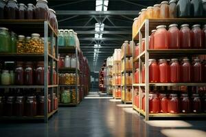 Large warehouse with containers full of canned food. 3d rendering toned image. ai generated pro photo