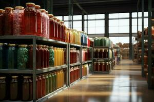 Large warehouse with containers full of canned food. 3d rendering toned image. ai generated pro photo