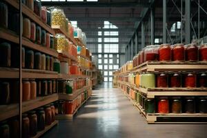 Large warehouse with containers full of canned food. 3d rendering toned image. ai generated pro photo