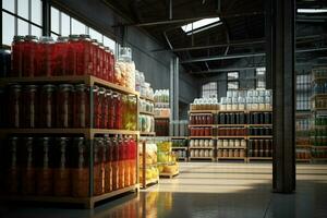 Large warehouse with containers full of canned food. 3d rendering toned image. ai generated pro photo