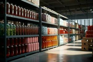 Large warehouse with containers full of canned food. 3d rendering toned image. ai generated pro photo