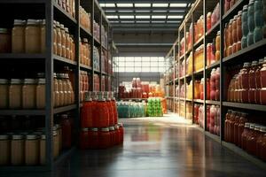 Large warehouse with containers full of canned food. 3d rendering toned image. ai generated pro photo