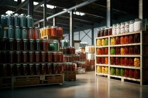 Large warehouse with containers full of canned food. 3d rendering toned image. ai generated pro photo