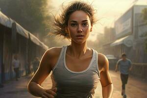 Young woman running in the rain. Sport and healthy lifestyle concept. ai generated pro photo