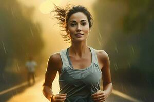 Young woman running in the rain. Sport and healthy lifestyle concept. ai generated pro photo