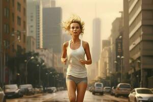 joven mujer corriendo en el lluvia. deporte y sano estilo de vida concepto. ai generado Pro foto