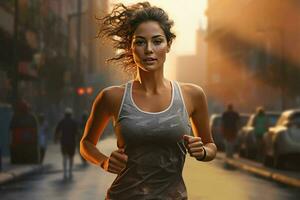 joven mujer corriendo en el lluvia. deporte y sano estilo de vida concepto. ai generado Pro foto