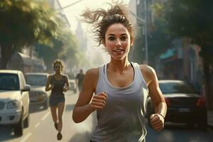 joven mujer corriendo en el lluvia. deporte y sano estilo de vida concepto. ai generado Pro foto