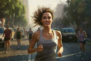 joven mujer corriendo en el lluvia. deporte y sano estilo de vida concepto. ai generado Pro foto