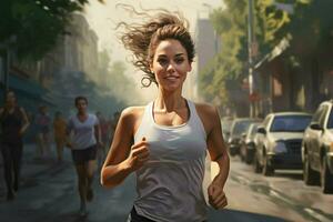 joven mujer corriendo en el lluvia. deporte y sano estilo de vida concepto. ai generado Pro foto