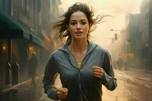 joven mujer corriendo en el lluvia. deporte y sano estilo de vida concepto. ai generado Pro foto