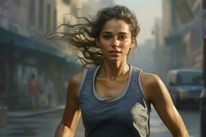 Young woman running in the rain. Sport and healthy lifestyle concept. ai generated pro photo