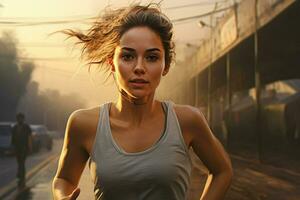 joven mujer corriendo en el lluvia. deporte y sano estilo de vida concepto. ai generado Pro foto