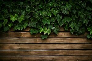 Wooden wall covered with green leaves. Natural background for design. ai generated pro photo