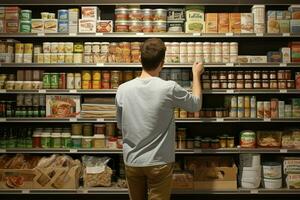 Man Standing In Supermarket And Looking At Shelves With Food Products. ai generated pro photo