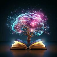 Open book with glowing brain tree on dark background. ai generated pro photo