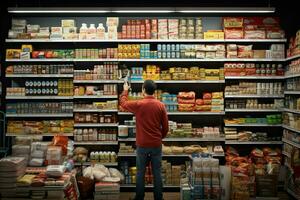 Man Standing In Supermarket And Looking At Shelves With Food Products. ai generated pro photo