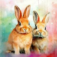 Two cute rabbits on a blue background. Digital watercolor painting. ai generated pro photo