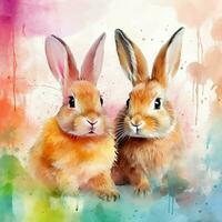 Two cute rabbits on a blue background. Digital watercolor painting. ai generated pro photo
