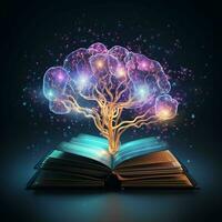 Open book with glowing brain tree on dark background. ai generated pro photo