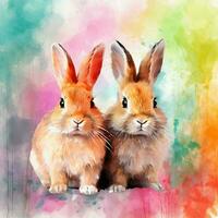 Two cute rabbits on a blue background. Digital watercolor painting. ai generated pro photo