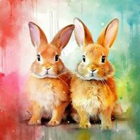 Two cute rabbits on a blue background. Digital watercolor painting. ai generated pro photo