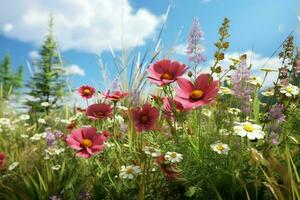 Flower meadow with lupins and daisies. ai generated pro photo