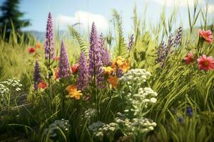 Flower meadow with lupins and daisies. ai generated pro photo