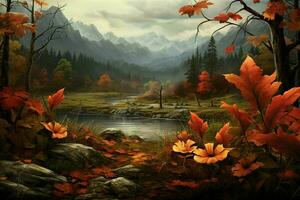 Autumn landscape with mountain river and red leaves. Digital painting. ai generated pro photo