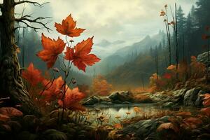 Autumn landscape with mountain river and red leaves. Digital painting. ai generated pro photo