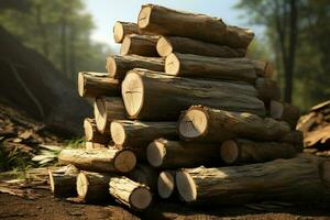 Pile of chopped firewood on wooden table, closeup view. ai generated pro photo
