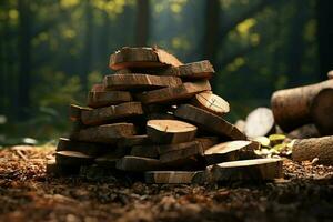 Pile of chopped firewood on wooden table, closeup view. ai generated pro photo