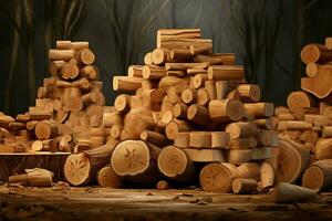 Pile of chopped firewood on wooden table, closeup view. ai generated pro photo