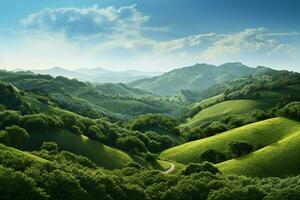 Green tea plantation landscape with trees and blue sky. Nature background. ai generated pro photo