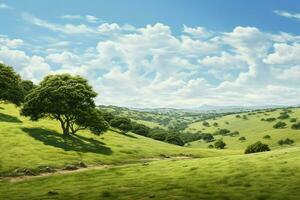 verde té plantación paisaje con arboles y azul cielo. naturaleza antecedentes. ai generado Pro foto