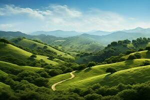 Green tea plantation landscape with trees and blue sky. Nature background. ai generated pro photo