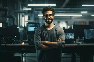 Portrait of confident businessman standing in front of computer monitors in office. ai generated pro photo