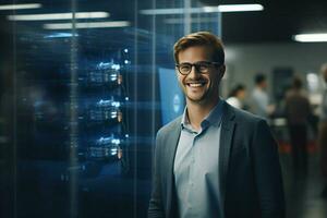 Portrait of confident businessman standing in front of computer monitors in office. ai generated pro photo