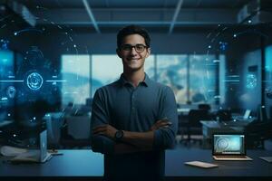 Portrait of confident businessman standing in front of computer monitors in office. ai generated pro photo