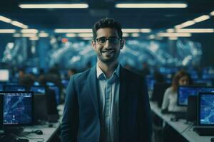 Portrait of confident businessman standing in front of computer monitors in office. ai generated pro photo