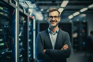 retrato de confidente empresario en pie en frente de computadora monitores en oficina. ai generado Pro foto