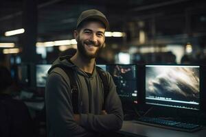 retrato de confidente empresario en pie en frente de computadora monitores en oficina. ai generado Pro foto